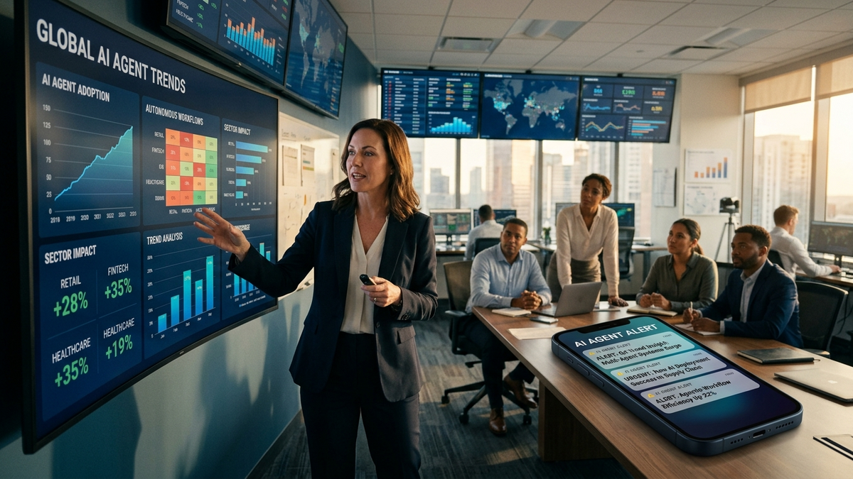 A small operations team reviewing layered AI agent workflows across dashboards, queues, and approval checkpoints