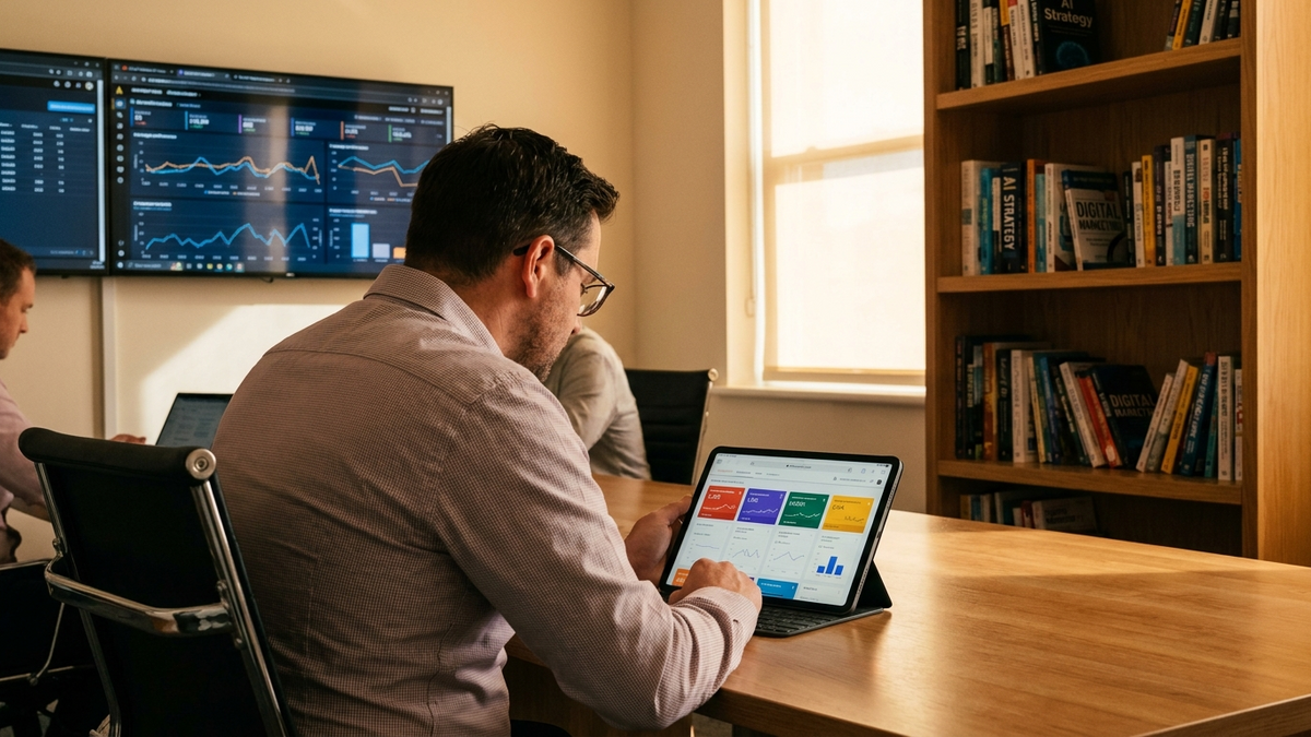 Operations professional reviewing AI agent performance dashboards and cost metrics