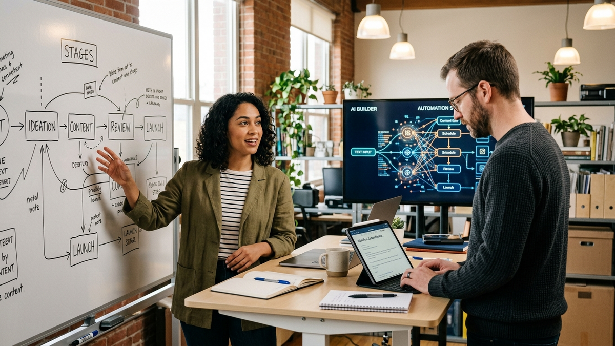 Solo operator and teammate at a whiteboard with workflow arrows, AI agent nodes assembling on a screen behind them