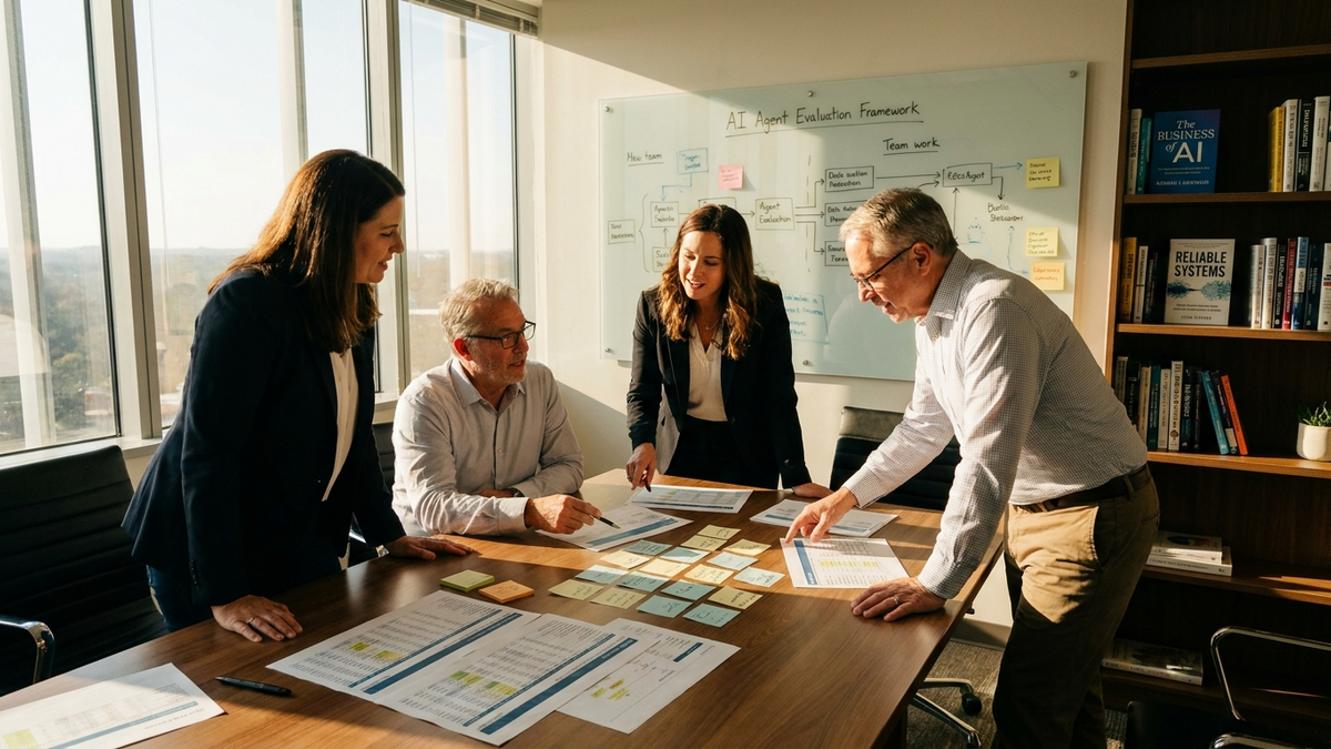 Team reviewing AI agent evaluation metrics in a collaborative workshop setting