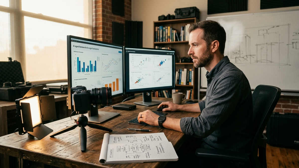 Developer comparing framework performance metrics for agent deployment