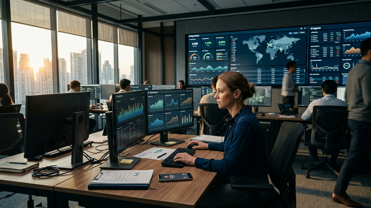 A compact operations room where a small team reviews AI task handoffs across dashboards, phones, and planning boards