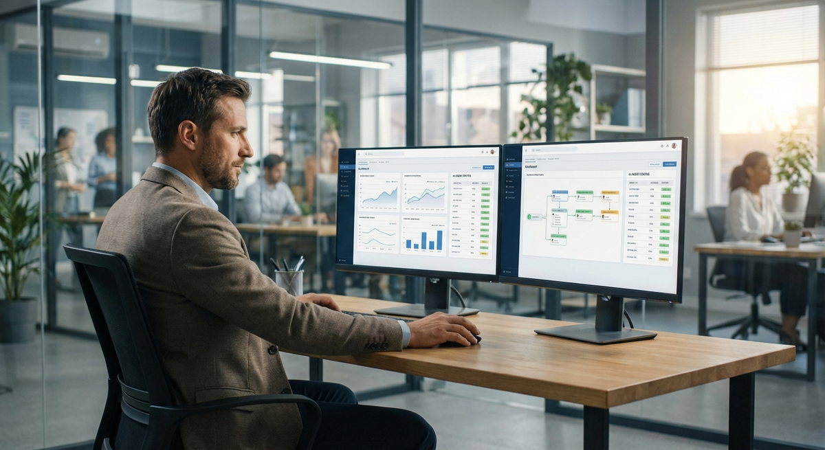 Professional manager supervising AI agent workflows and automated systems