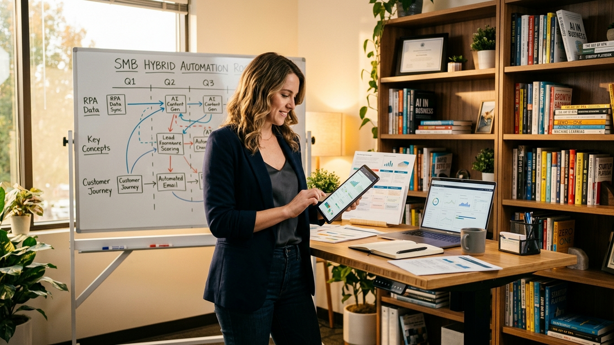 Small business operator reviewing hybrid automation workflow combining RPA and AI agents