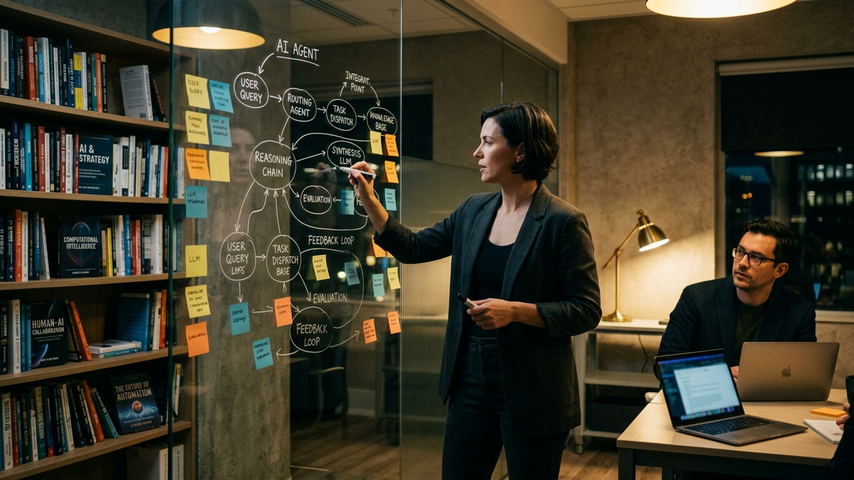 A small-team operator workspace combining whiteboard workflow plans, tablets, dashboards, and AI agent task surfaces