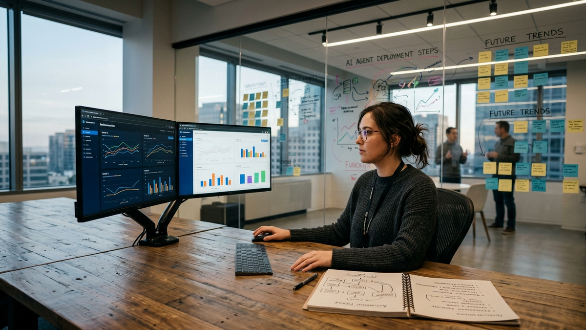 Operators reviewing AI agent traces, scorecards, and workflow checkpoints across an open tooling dashboard wall