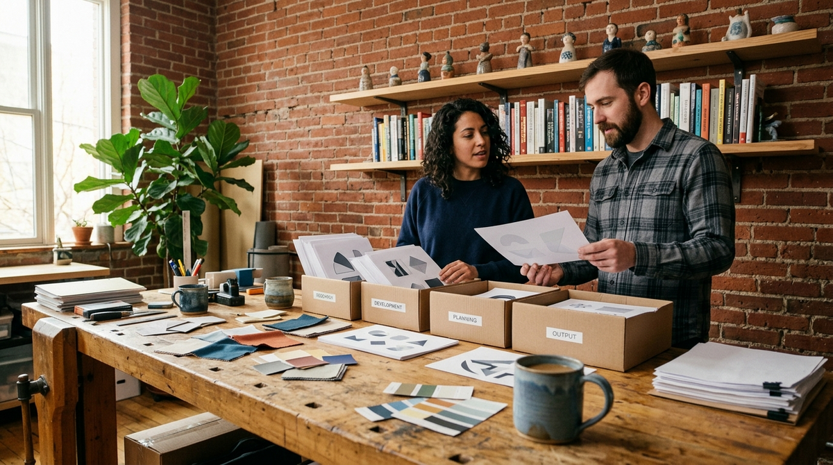 A solo operator and a collaborator sorting printed workflow prototypes and labelled boxes in a sunlit studio, illustrating how small teams assemble open-source AI agent evaluation tooling