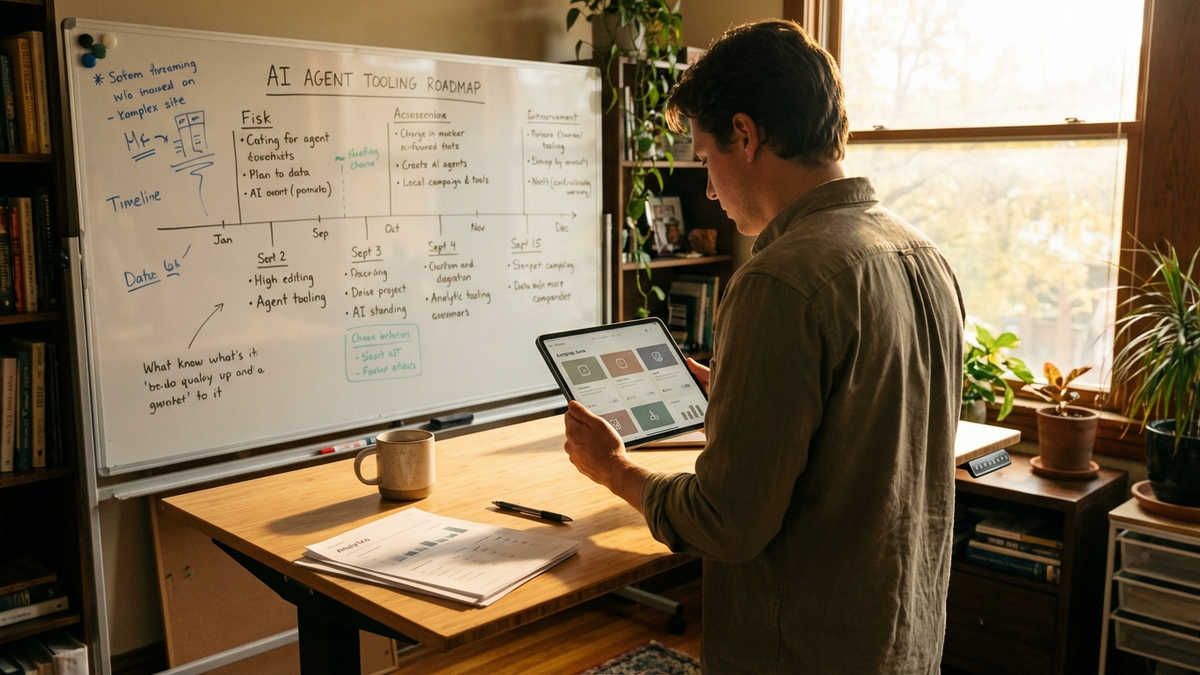 Solo operator reviewing AI agent workflows on tablet in modern office