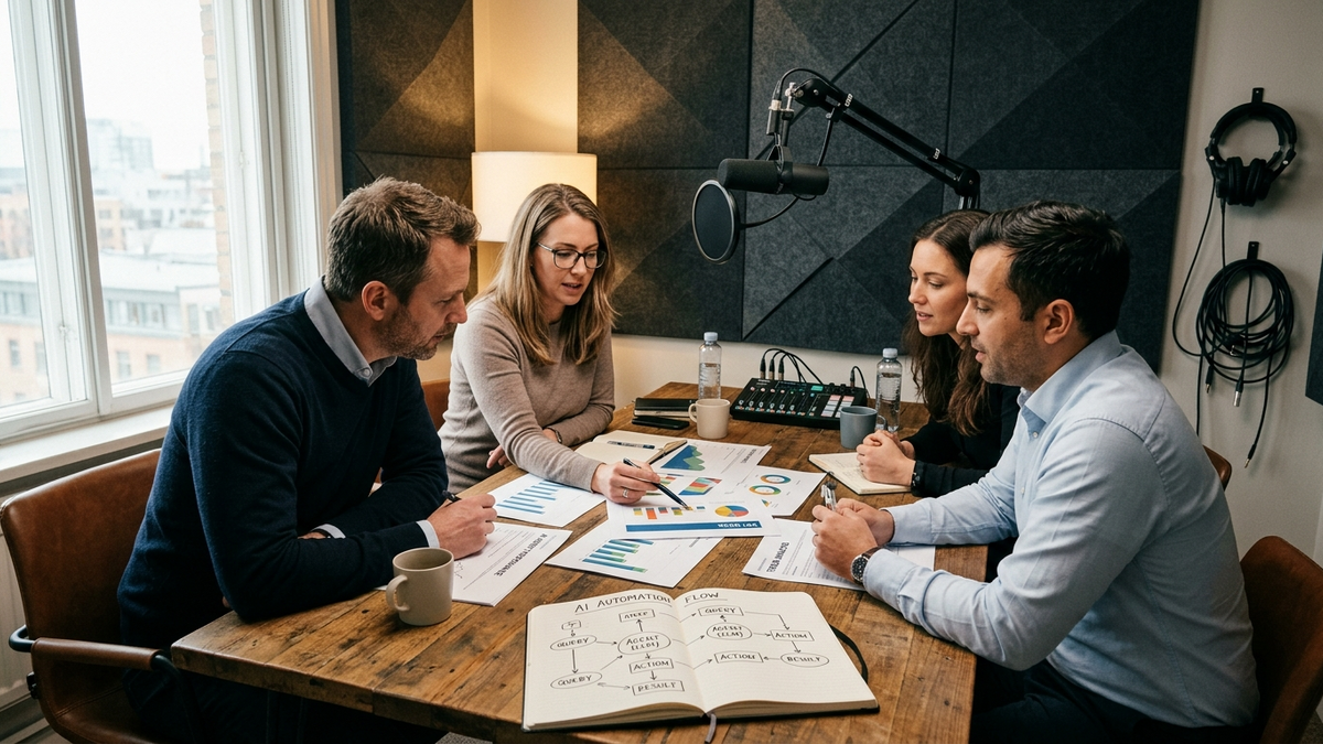 Small team reviewing AI automation workflows in a studio workspace