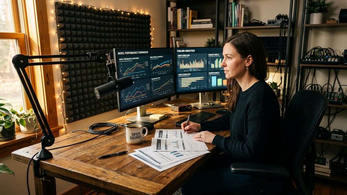 Analyst in a studio workspace comparing AI agent workflow and performance charts on dual displays