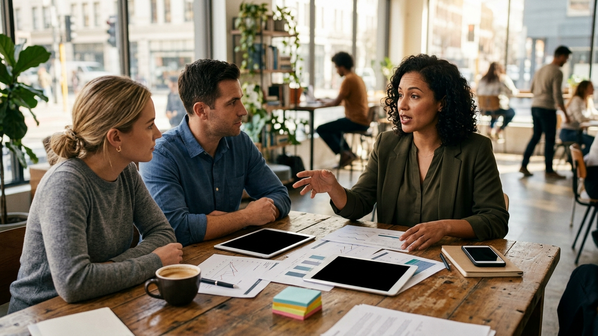 A small team reviewing AI agent eval coverage dashboards and printed test cases around a co-working table in warm morning light