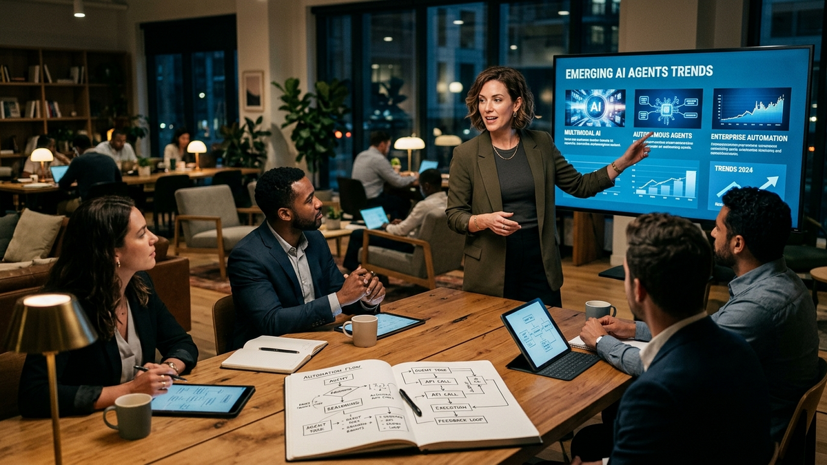 A small operations team reviewing AI agent runs, approval checkpoints, and browser tasks across a bright collaborative studio
