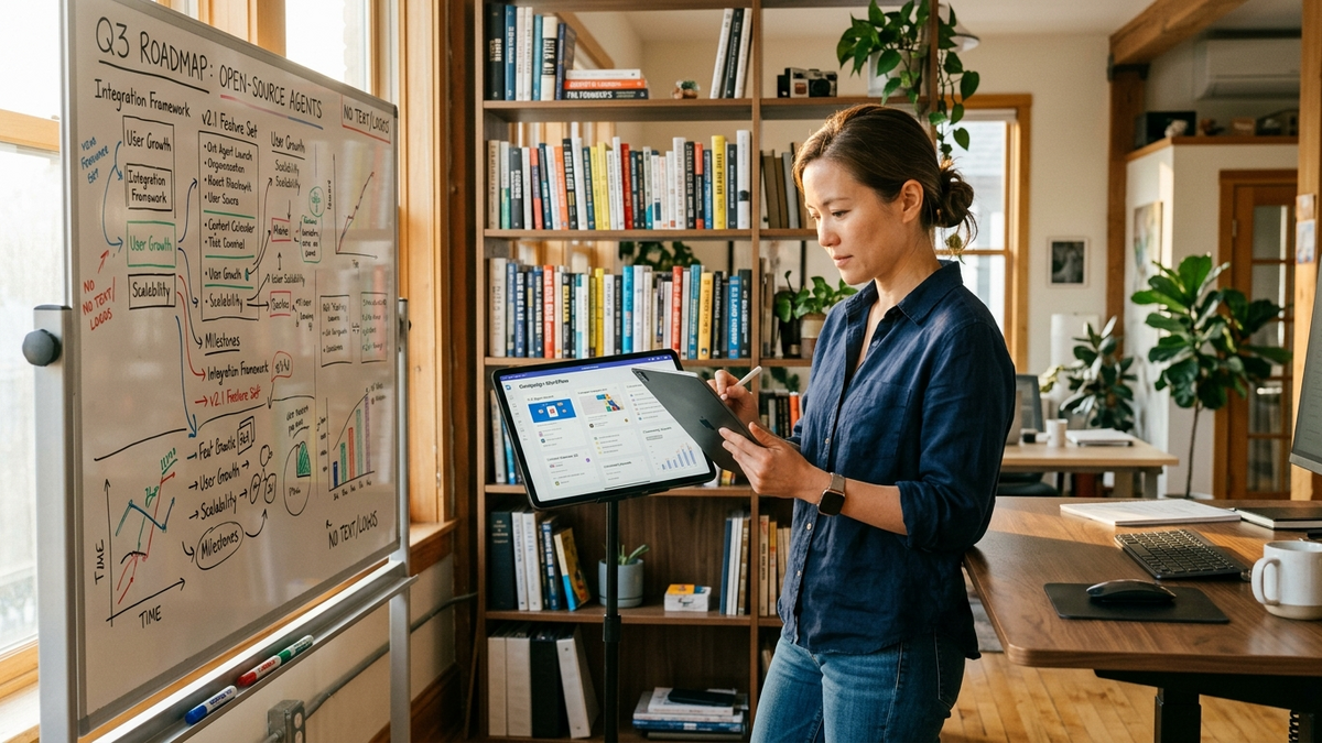 Small team operator reviewing AI agent task boards and workflow cards in a sunlit studio office