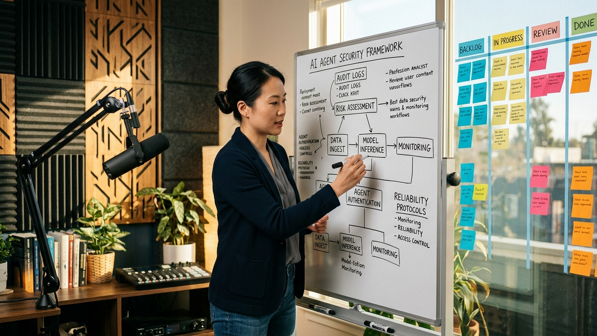 Solo operator mapping AI agent workflows on whiteboard in professional workspace