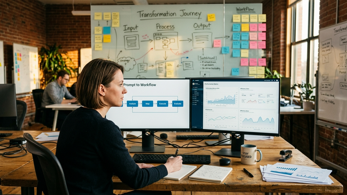 Analyst reviewing workflow diagrams and performance charts in a collaborative studio