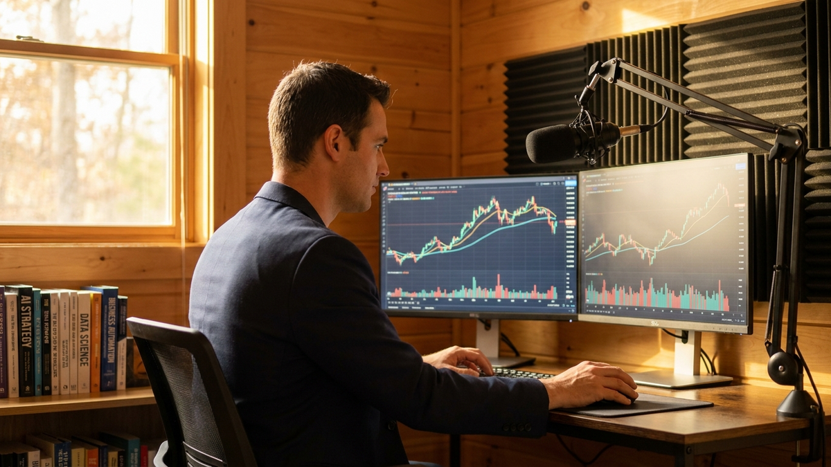Professional workspace showing dual displays with workflow automation charts and performance metrics
