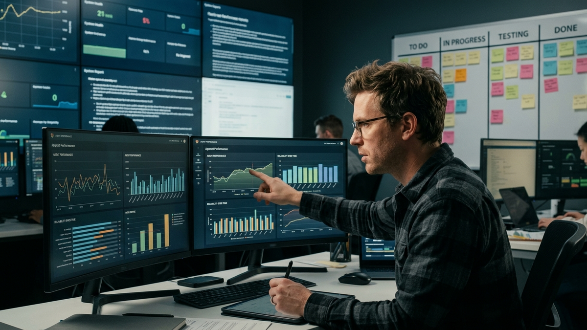 Operator reviewing AI agent evaluation dashboards and test cases in a studio operations room