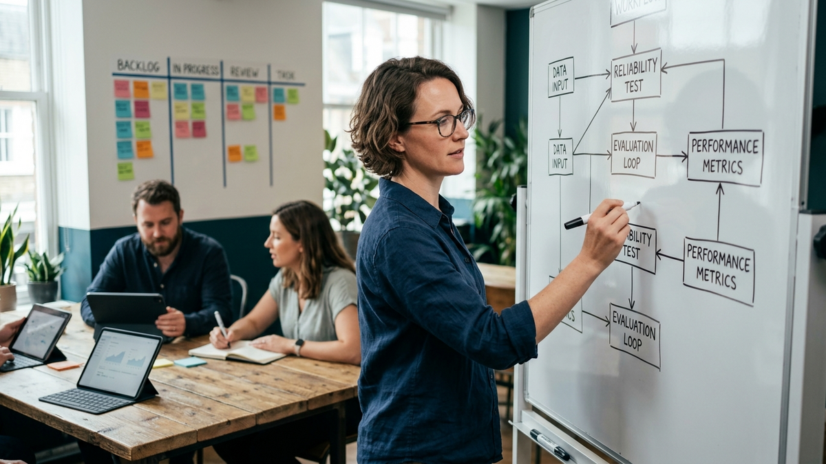 Operators reviewing AI agent traces, test cases, and approvals across a collaborative studio workspace