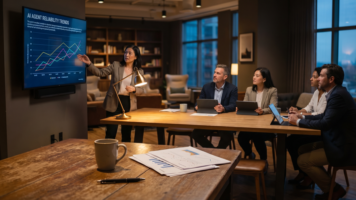 Co-working space with consultant presenting agent evaluation metrics on monitor
