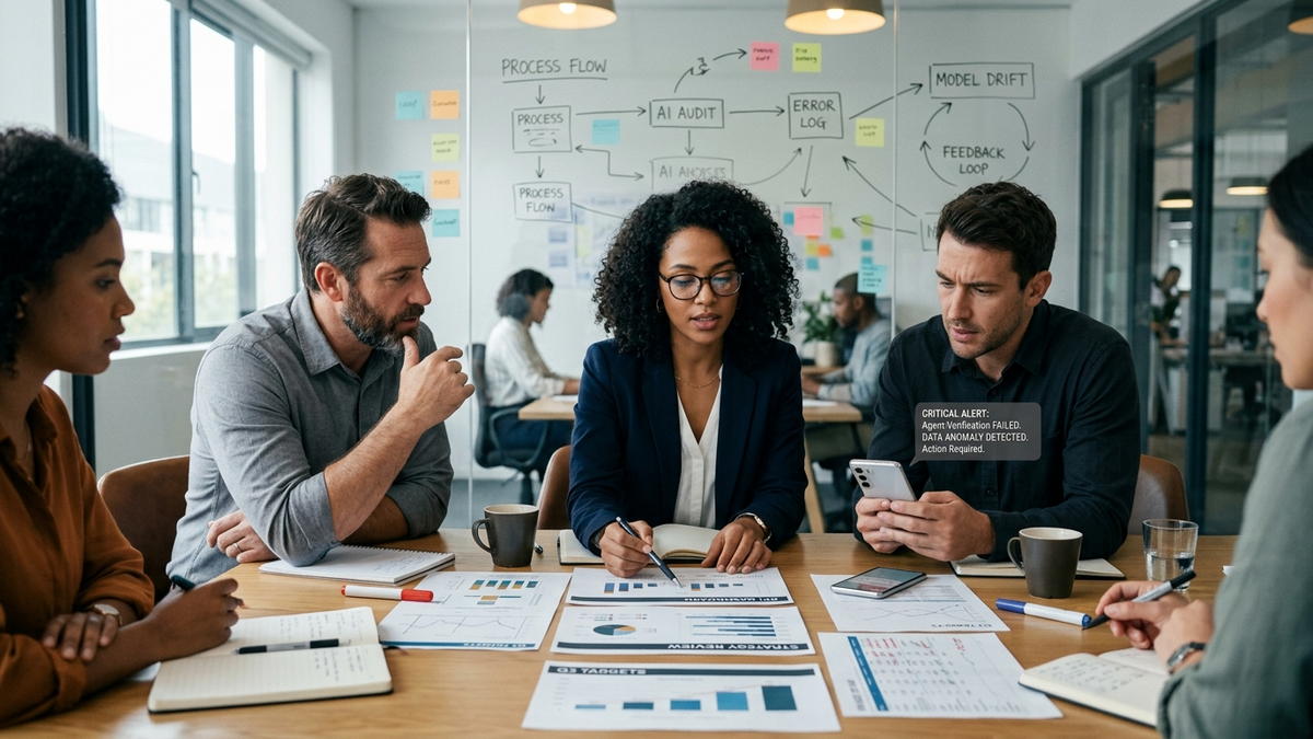 Team reviewing AI agent performance metrics and error correction workflows