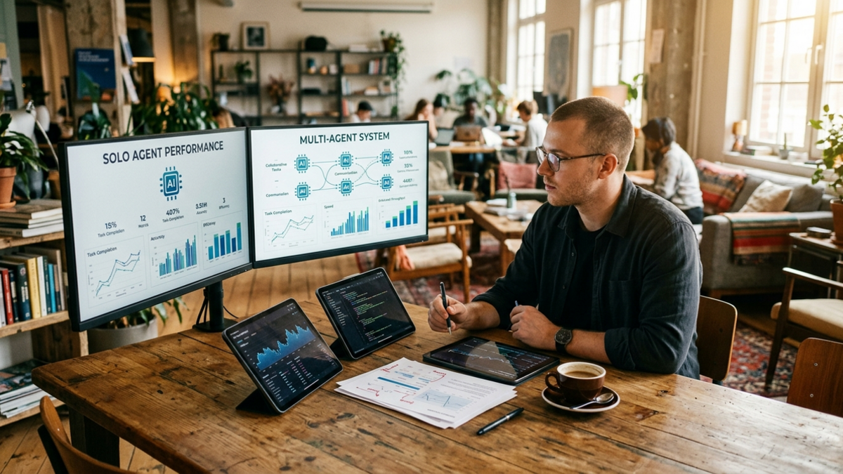 A small operations desk comparing single-agent and multi-agent workflow diagrams on dual monitors