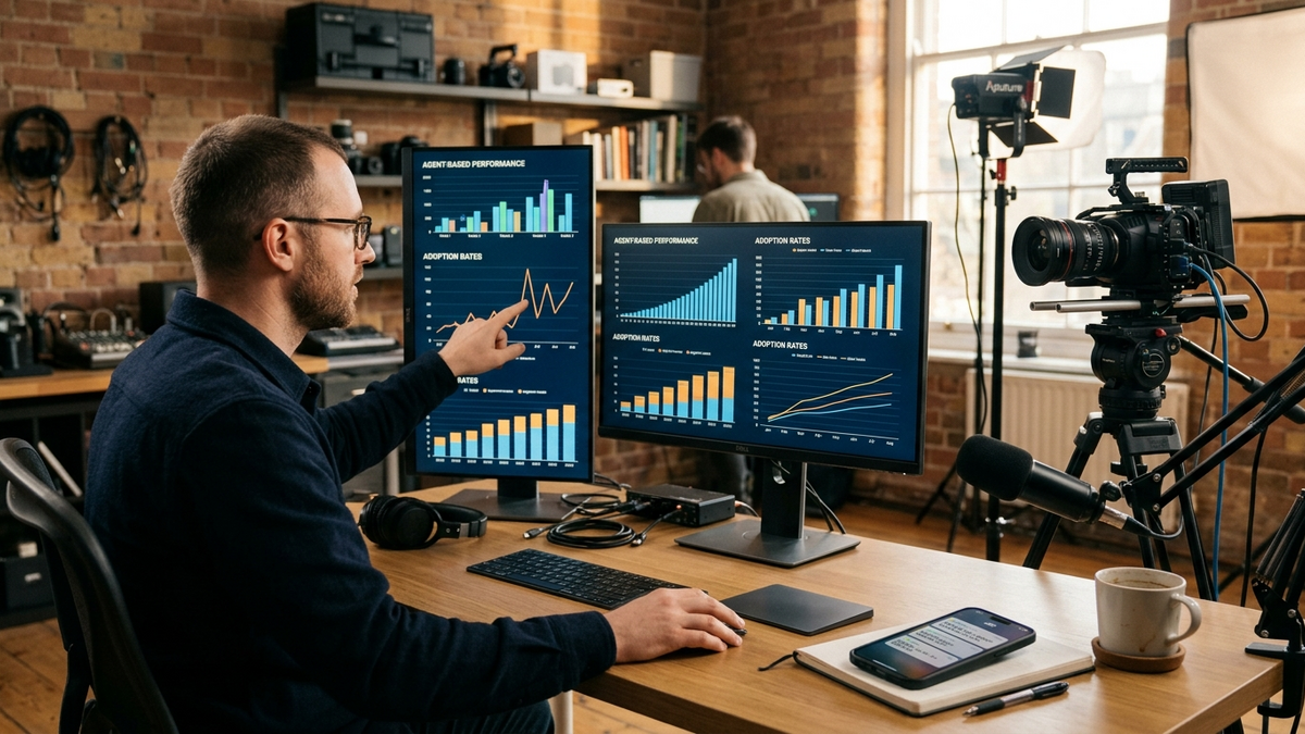 A small operations desk with dual dashboards, a phone alert surface, and an operator coordinating multiple AI workflows