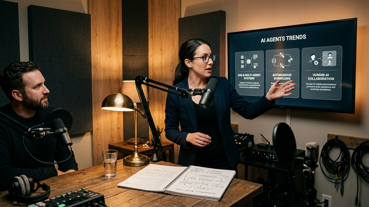 Consultant presenting approval-first AI workflow trends in a podcast-style operations studio with dashboards and handwritten process notes
