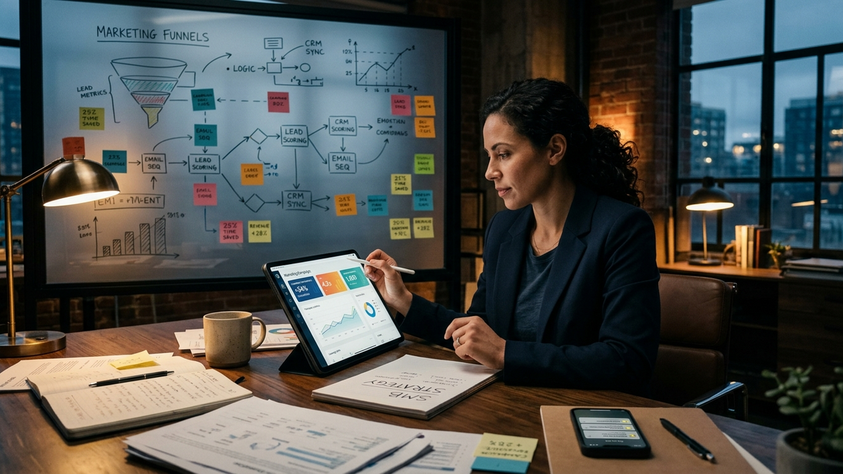 Small business professional reviewing automation metrics in a modern workspace