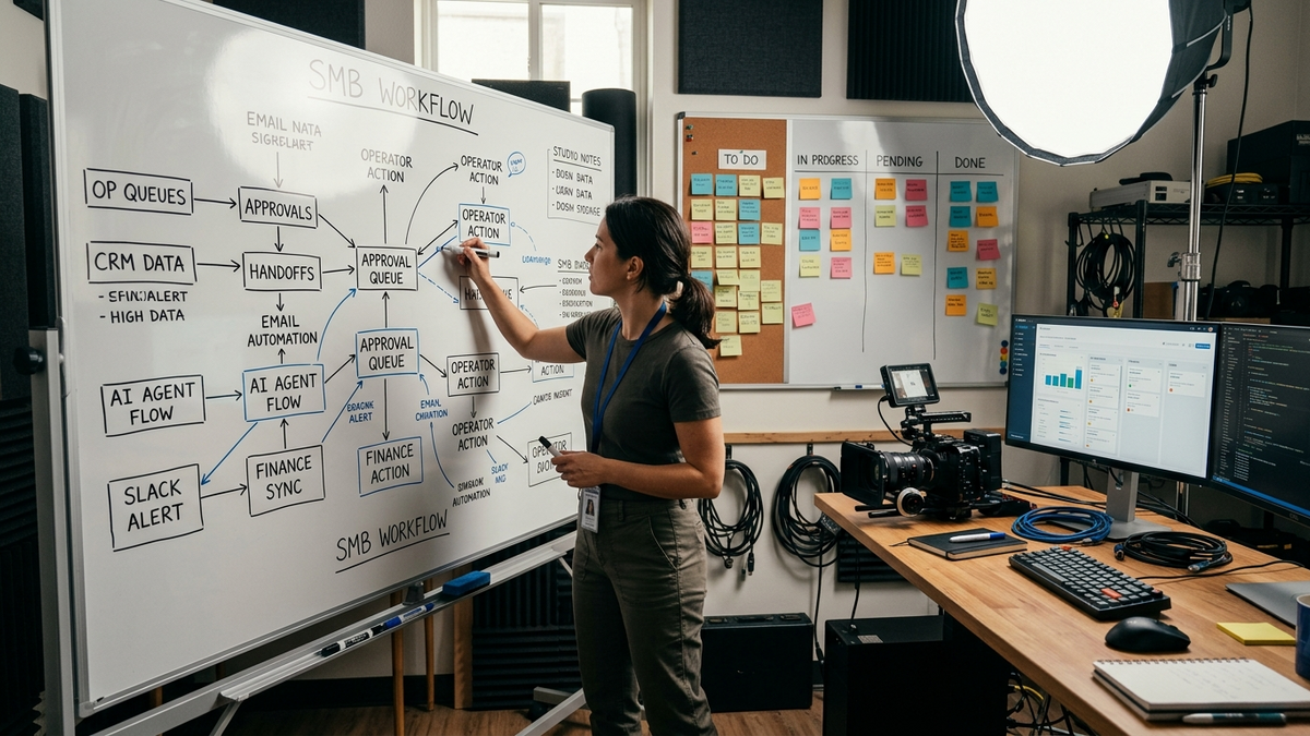 A small operations team moving AI tasks across dashboards, approval cards, and connected business tools