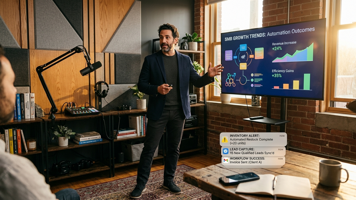 A consultant presenting SMB automation trends on a monitor with a smartphone showing alert notifications