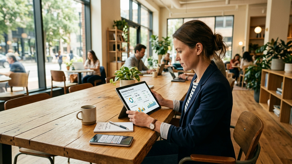 A small business operator reviewing AI agent scorecards, cost per task numbers, and campaign dashboards on a tablet in a co-working lounge