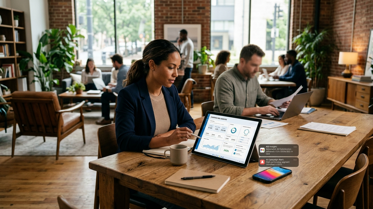 Small business team reviewing AI automation metrics