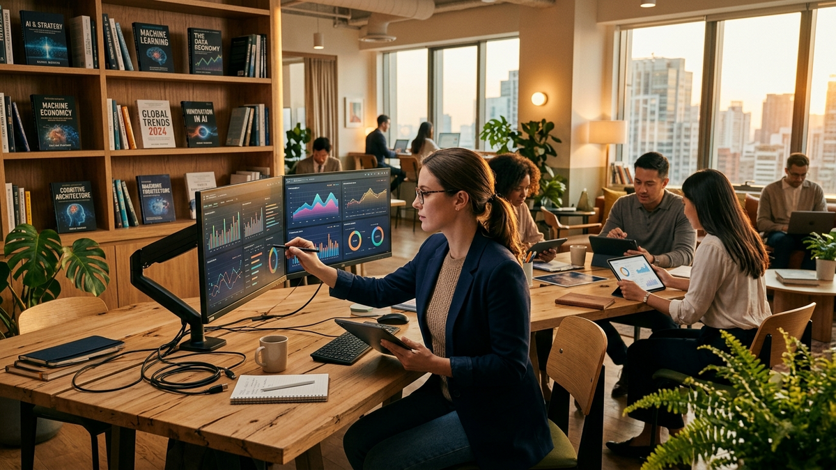 A small business owner and team reviewing AI agent performance dashboards on dual monitors in a co-working space