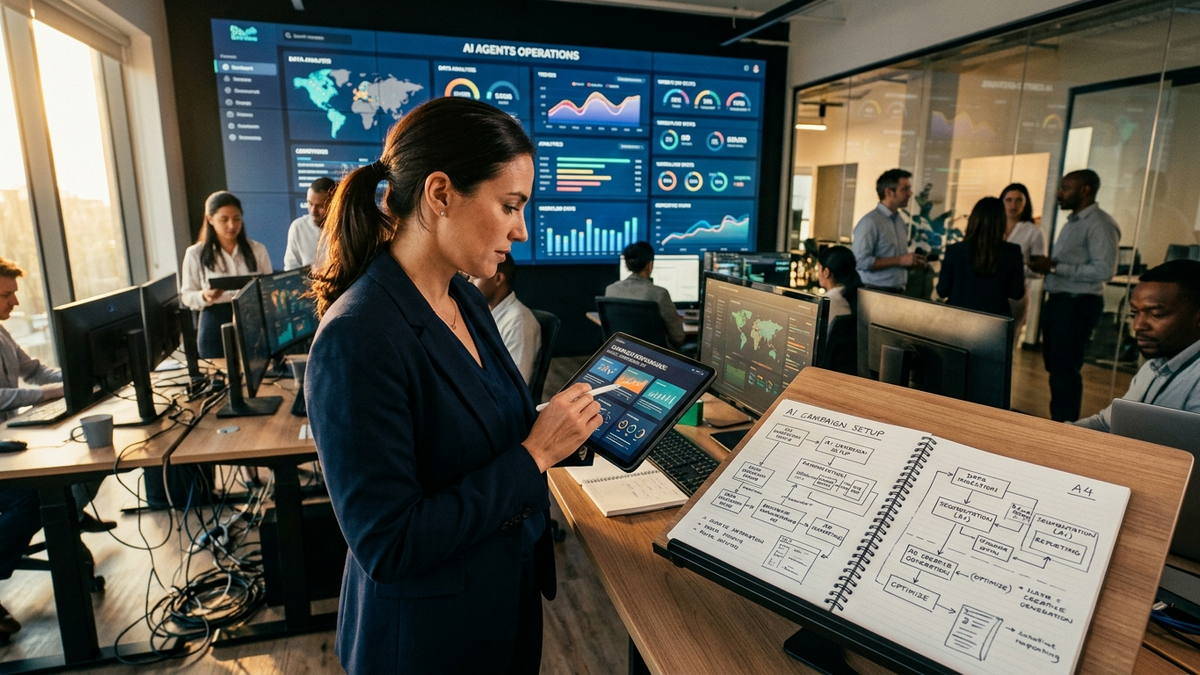A small business operator comparing AI workflow metrics, approval queues, and campaign dashboards in a focused studio office