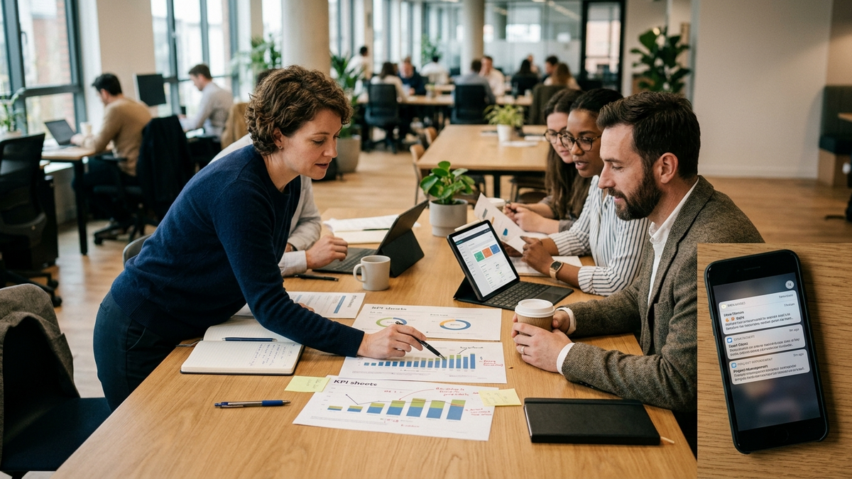 A small business operations team reviewing AI workflow scorecards, approval steps, and campaign dashboards in a studio office
