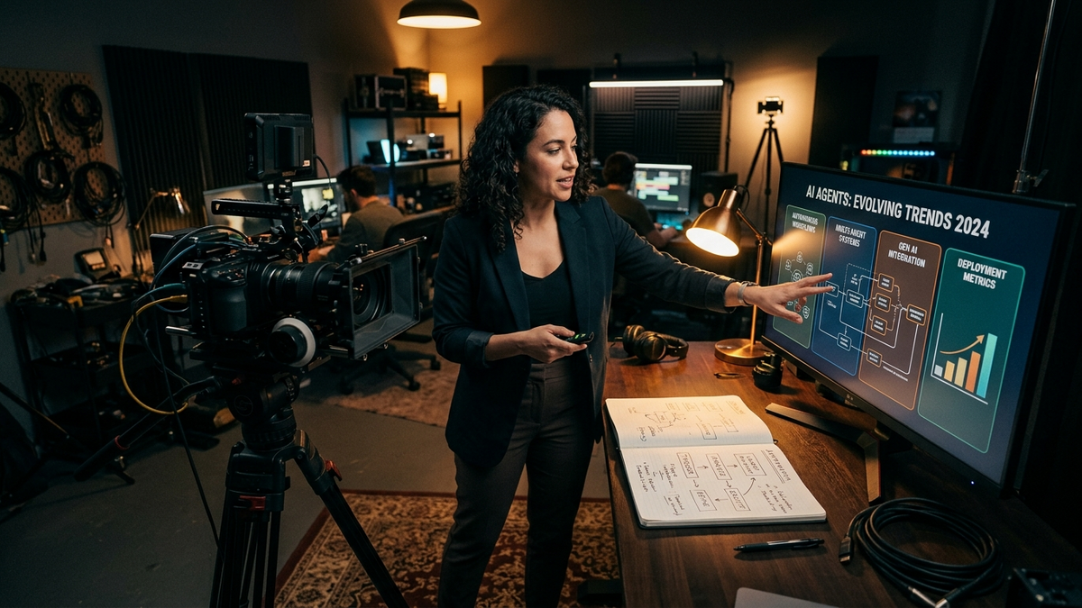 Solo operator coordinating scheduled AI workflows across notes, dashboards, and review queues in a studio office