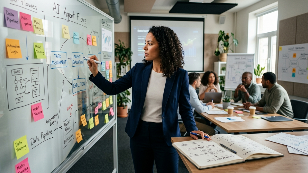 Independent operator coordinating AI agent workflows on a whiteboard in a studio workspace