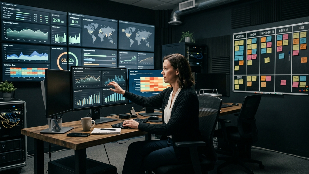 Solo operator reviewing AI workflow dashboards