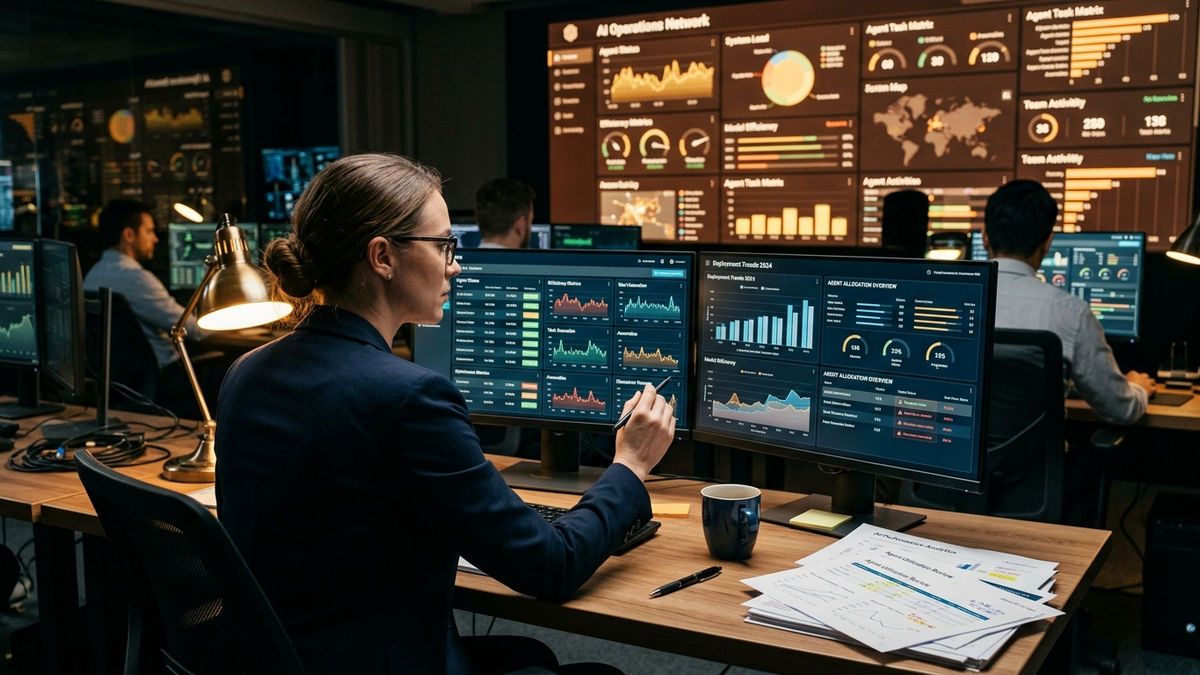 Solo operator coordinating specialist AI agents across dashboards, task cards, and approval notes in a newsroom-style workspace