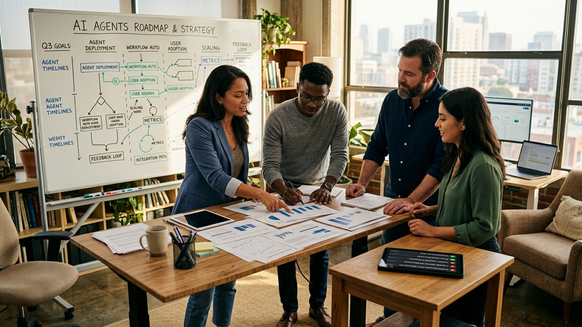 A small operations team coordinating specialized AI agents across planning, research, and browser-based tasks in a bright founder office