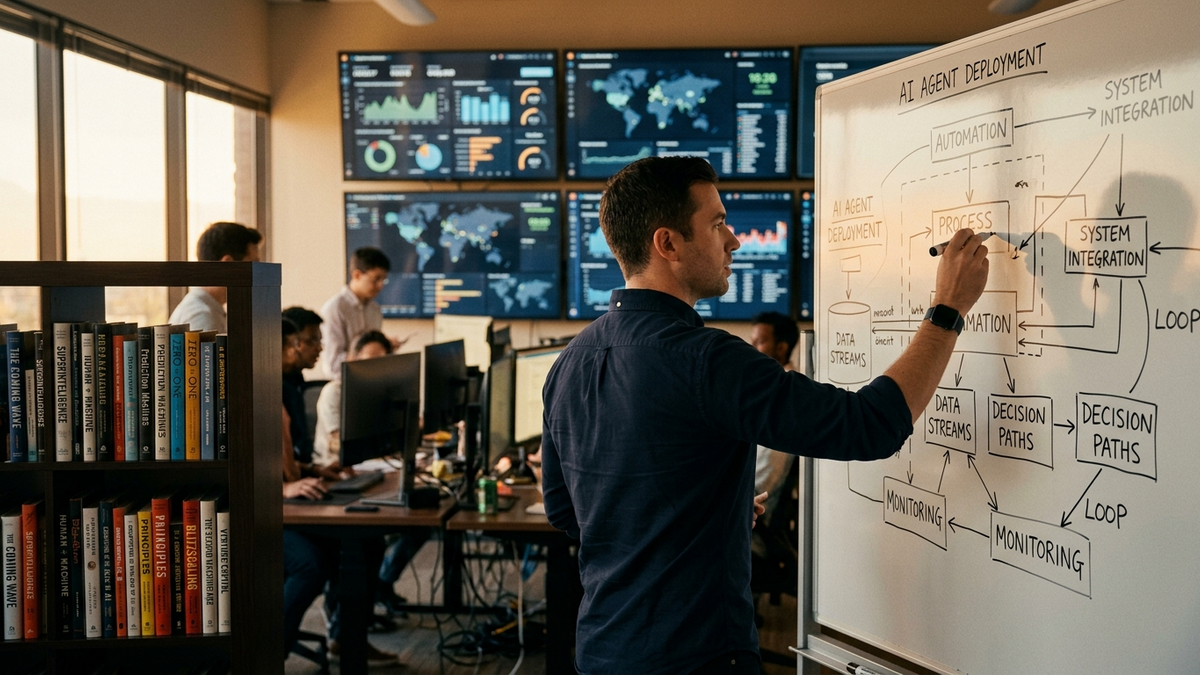 Operators coordinating specialized AI agents across whiteboards, dashboards, and review checkpoints