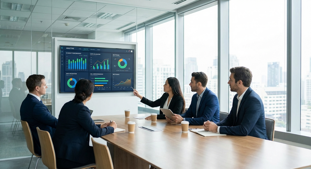 Business team reviewing AI agent performance metrics and validation data