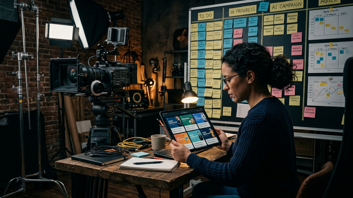Small-team operator reviewing AI workflow cards, budget notes, and approval steps in a studio workspace