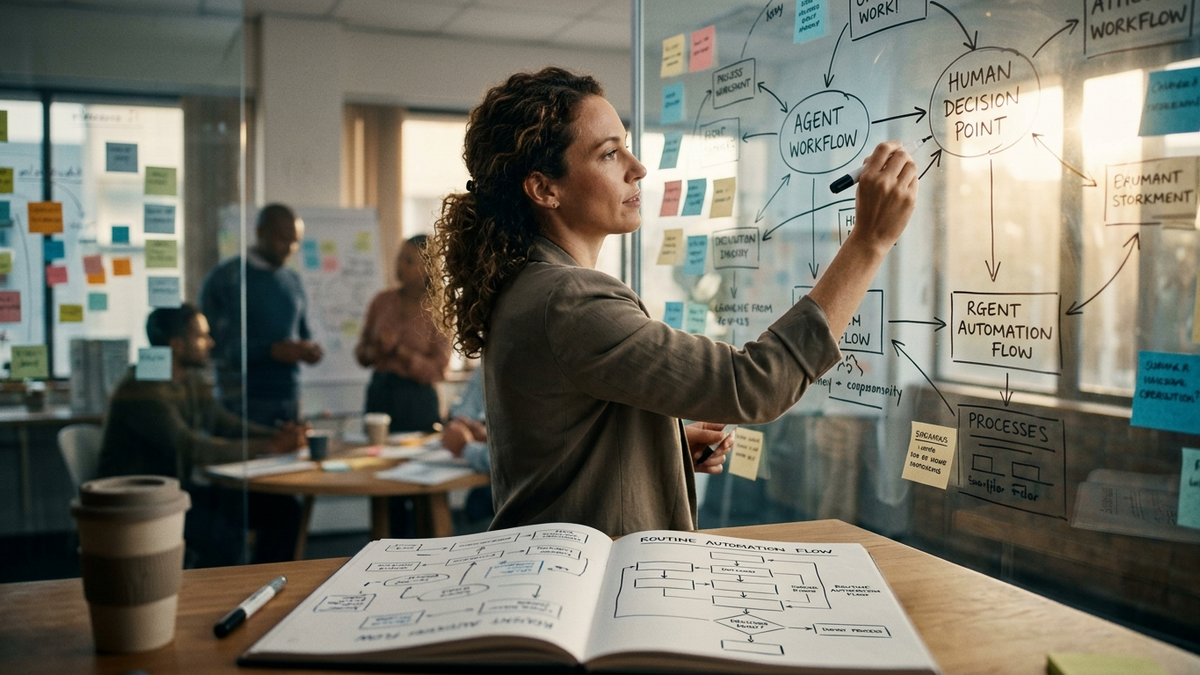 Strategy workshop illustrating AI agent evaluation and workflow mapping