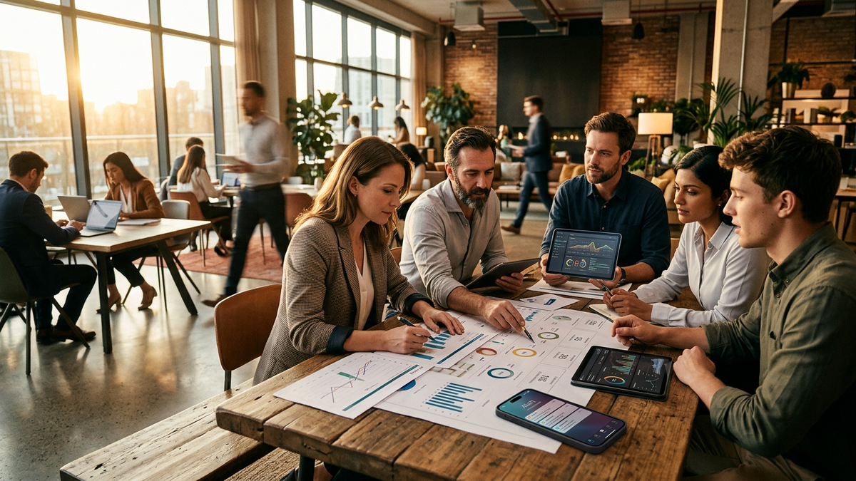 Team collaborating around workflow dashboards in modern office