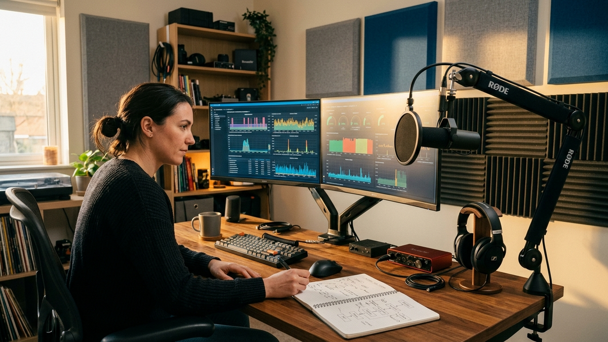 A solo operator at a podcast recording corner reviewing an OpenClaw 30-day Usage report beside a notebook with hand-drawn automation flows