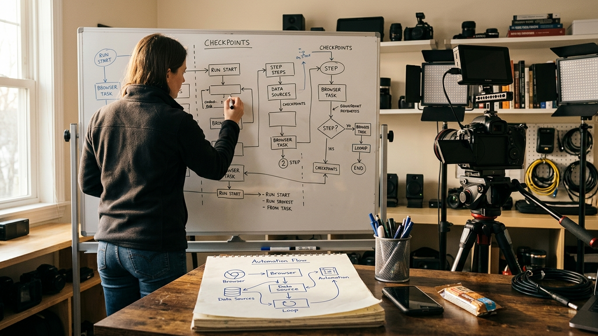 Operator mapping browser-based AI workflows on a whiteboard beside a studio desk with notes and monitoring screens