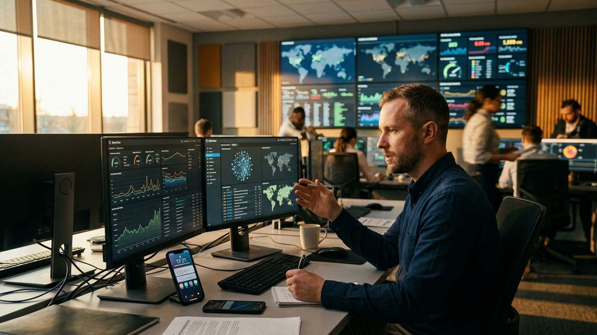 Operations team reviewing connected agent workflows across dashboards, alerts, and printed process notes