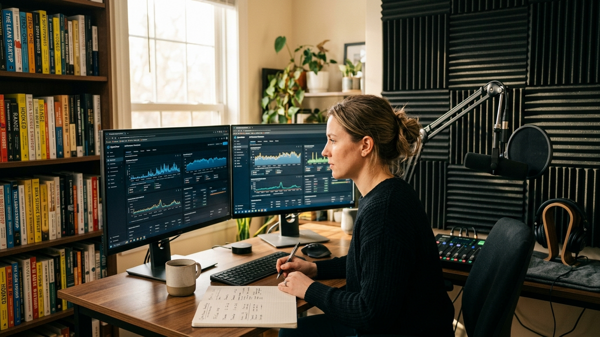 Operator reviewing connected agent workflows across a studio wall of dashboards, whiteboards, and tablets