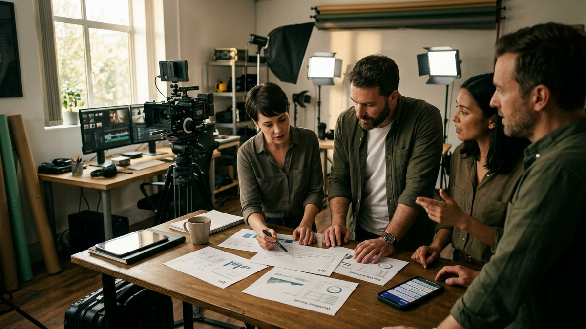 Operator reviewing connected AI workflows across a studio desk with a tablet, whiteboard notes, and browser task checkpoints